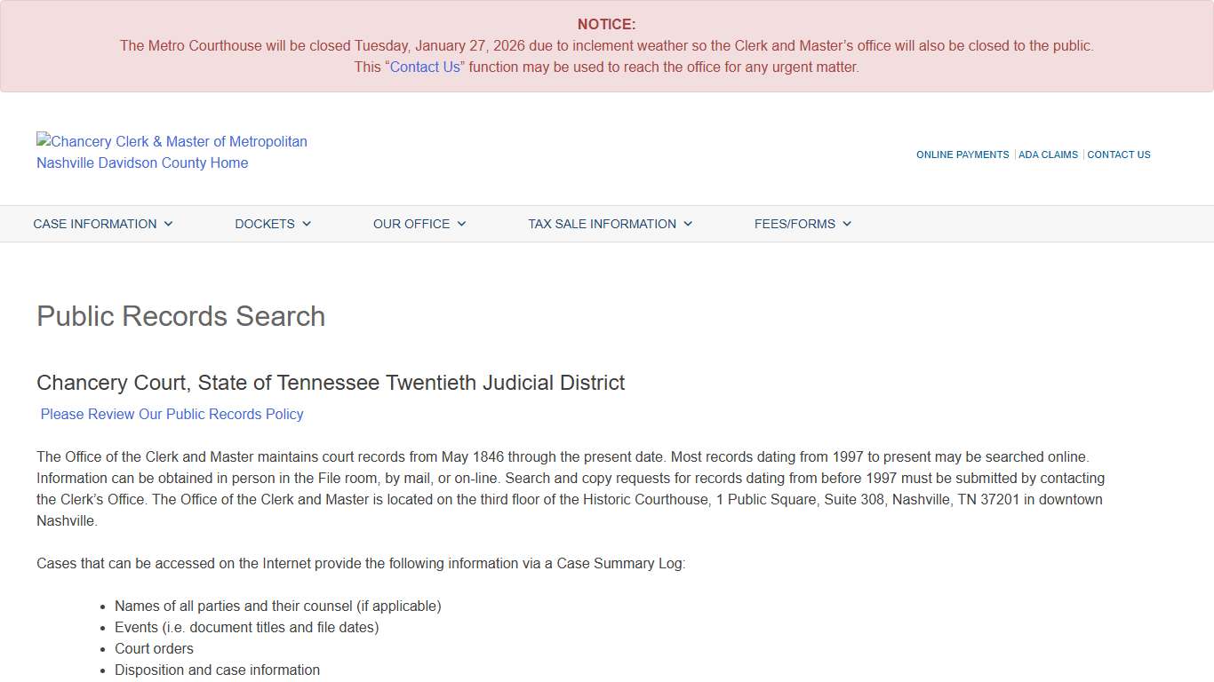 Public Records Search – Chancery Clerk and Master of Metropolitan Nashville & Davidson County